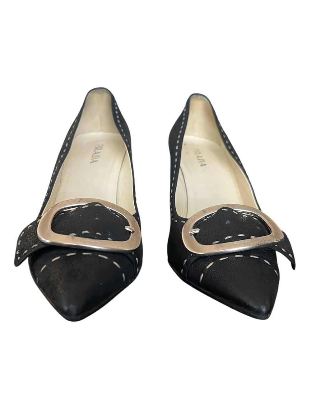 Prada Women’s Vintage Y2K Silver Buckle Black Leather Point Toe Heels Size 40 - Picture 4 of 10
